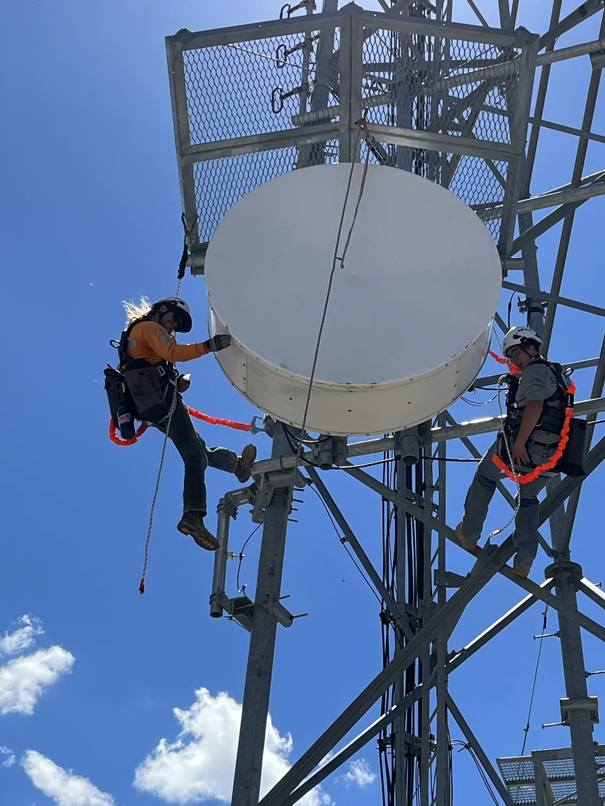 Two tower climbers installing a microwave dish